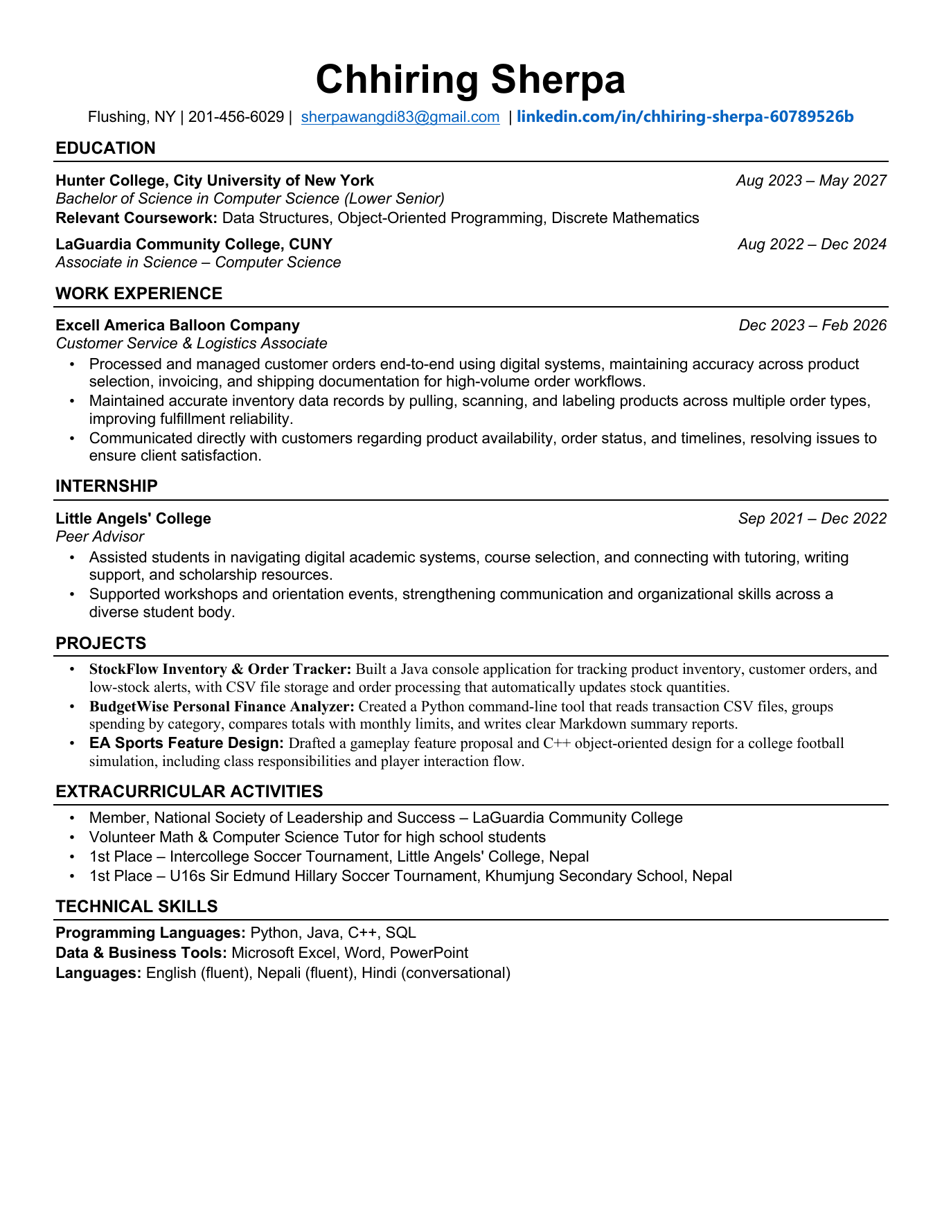 Resume of Chhiring Wangdi Sherpa